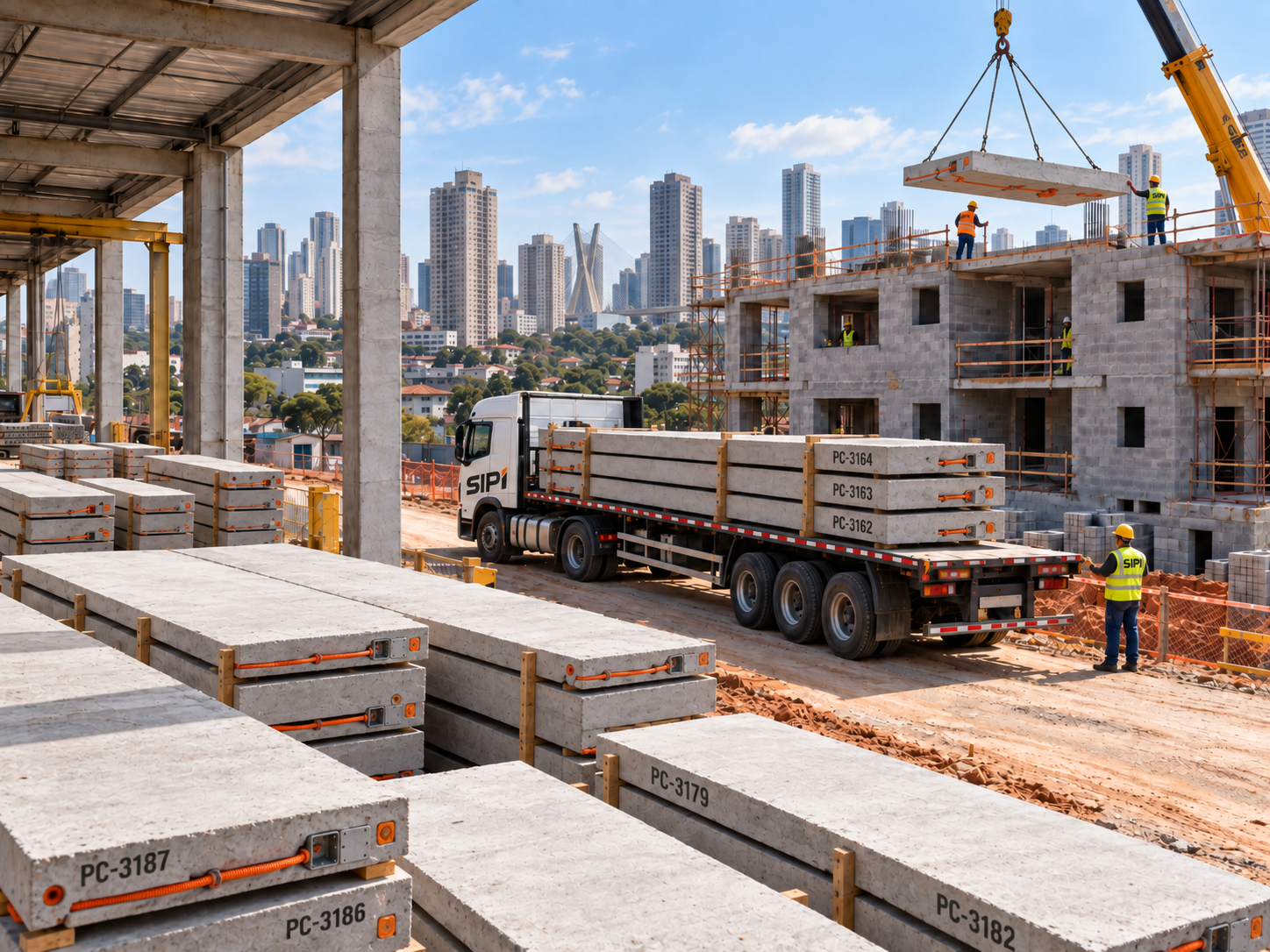 Peças industrializadas estocadas, caminhão de transporte e laje sendo içada no edifício em construção.