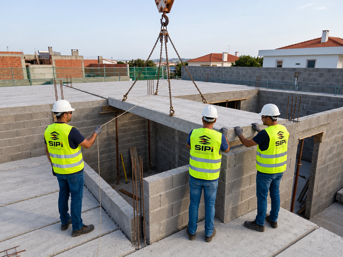 Equipe reduzida posicionando peça da laje pronta sobre a alvenaria estrutural.