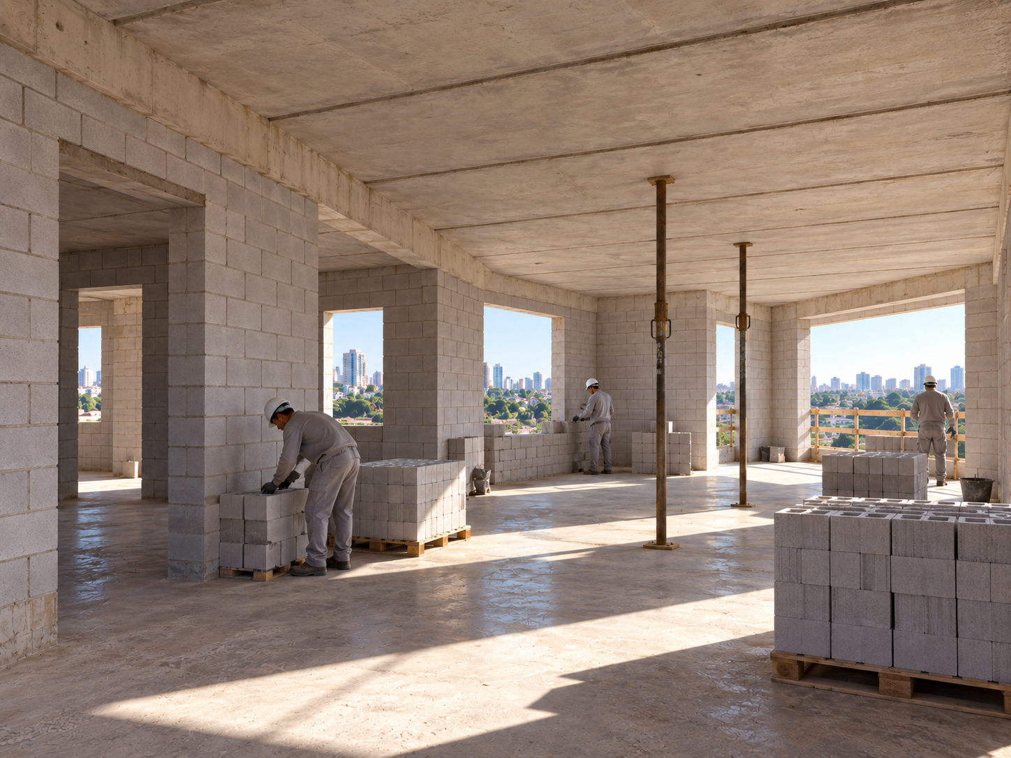 Pavimento em construção organizado, com circulação livre, poucos materiais temporários e equipe trabalhando.