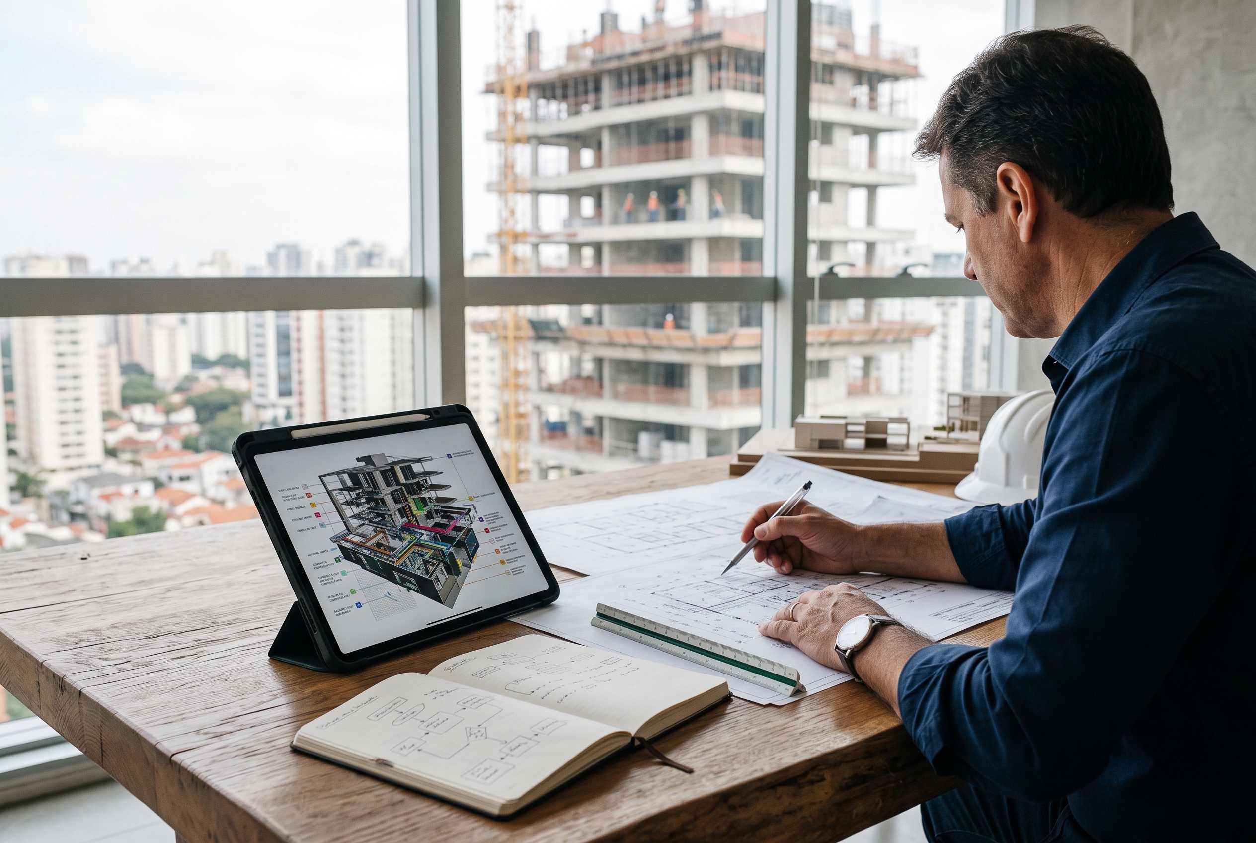Engenheiro analisando plantas e modelo BIM em tablet, com edifício em construção ao fundo.