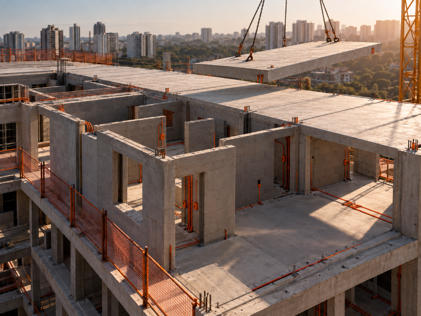 Pavimento de edifício residencial em alvenaria estrutural recebendo peças da laje pronta içadas por guindaste.