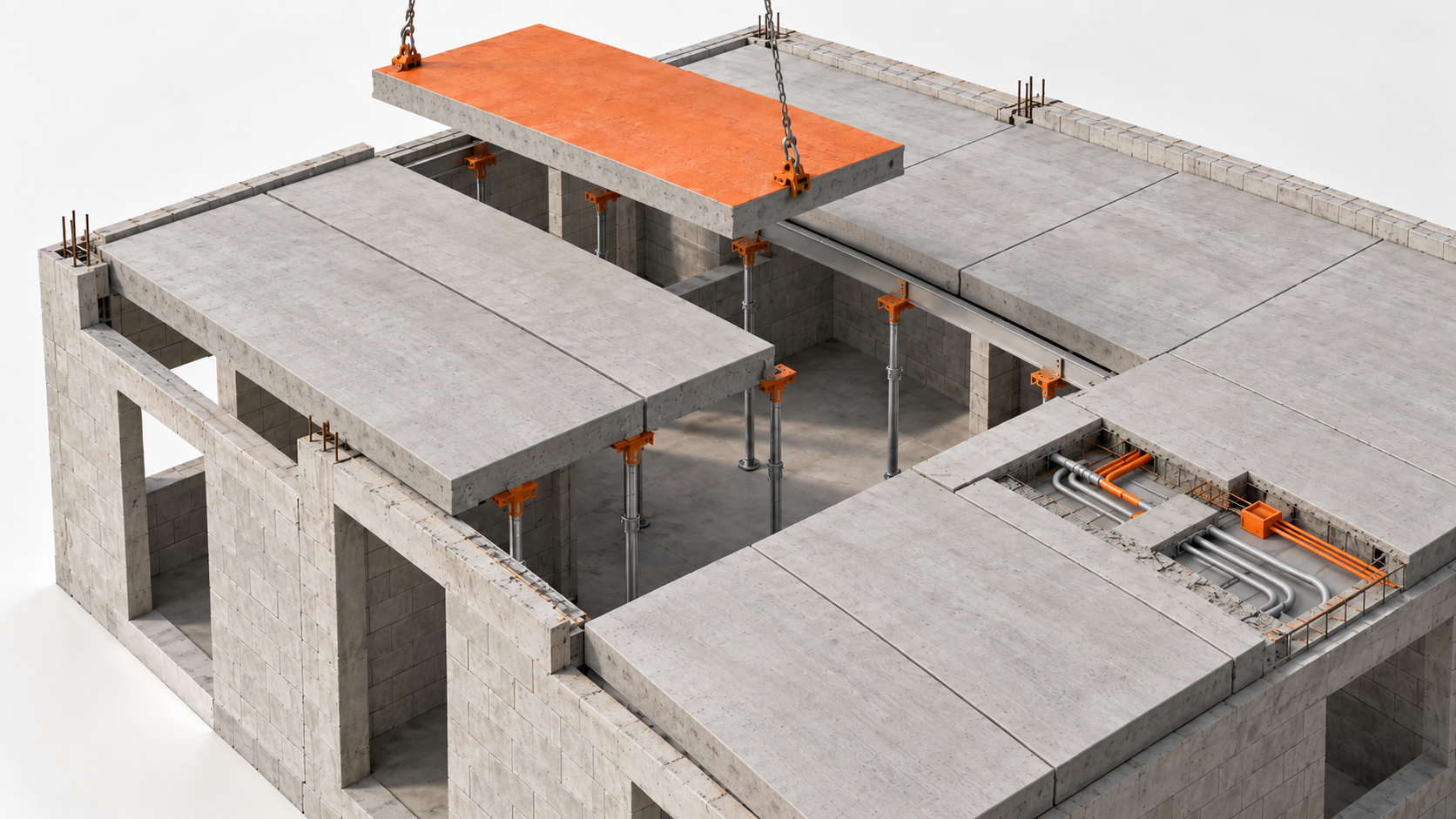 Perspectiva isométrica de pavimento em alvenaria estrutural com as peças da laje pronta, uma peça em içamento destacada em laranja, escoramento localizado e corte revelando a infraestrutura elétrica incorporada.